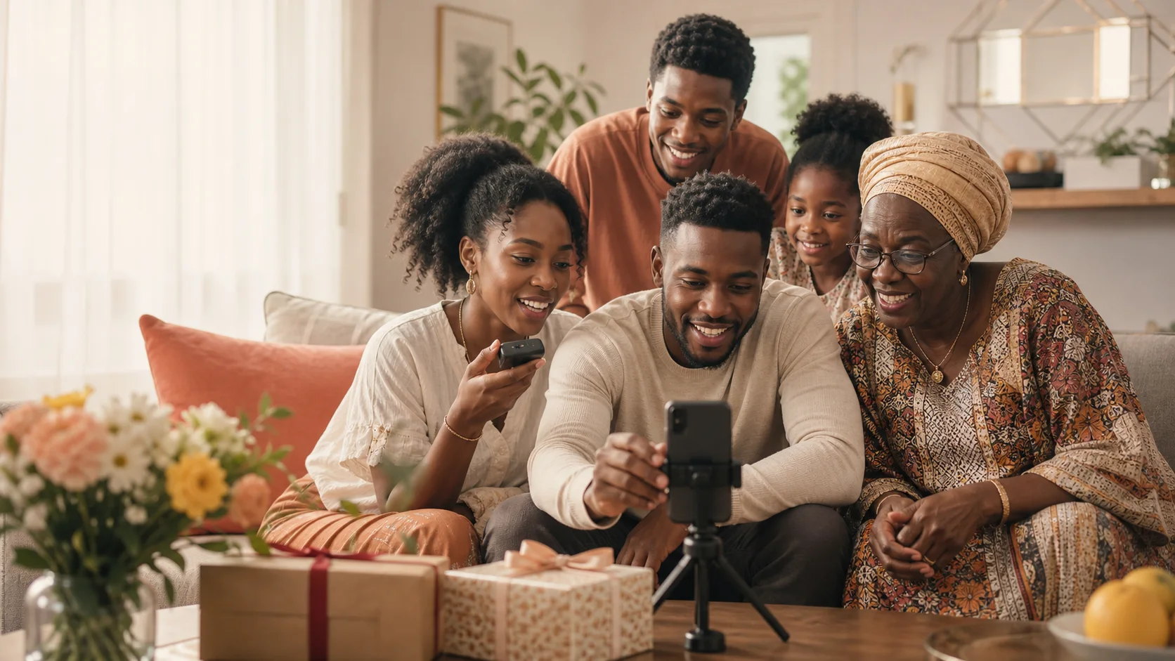 Une famille regarde ensemble un cadeau vidéo sur un téléphone