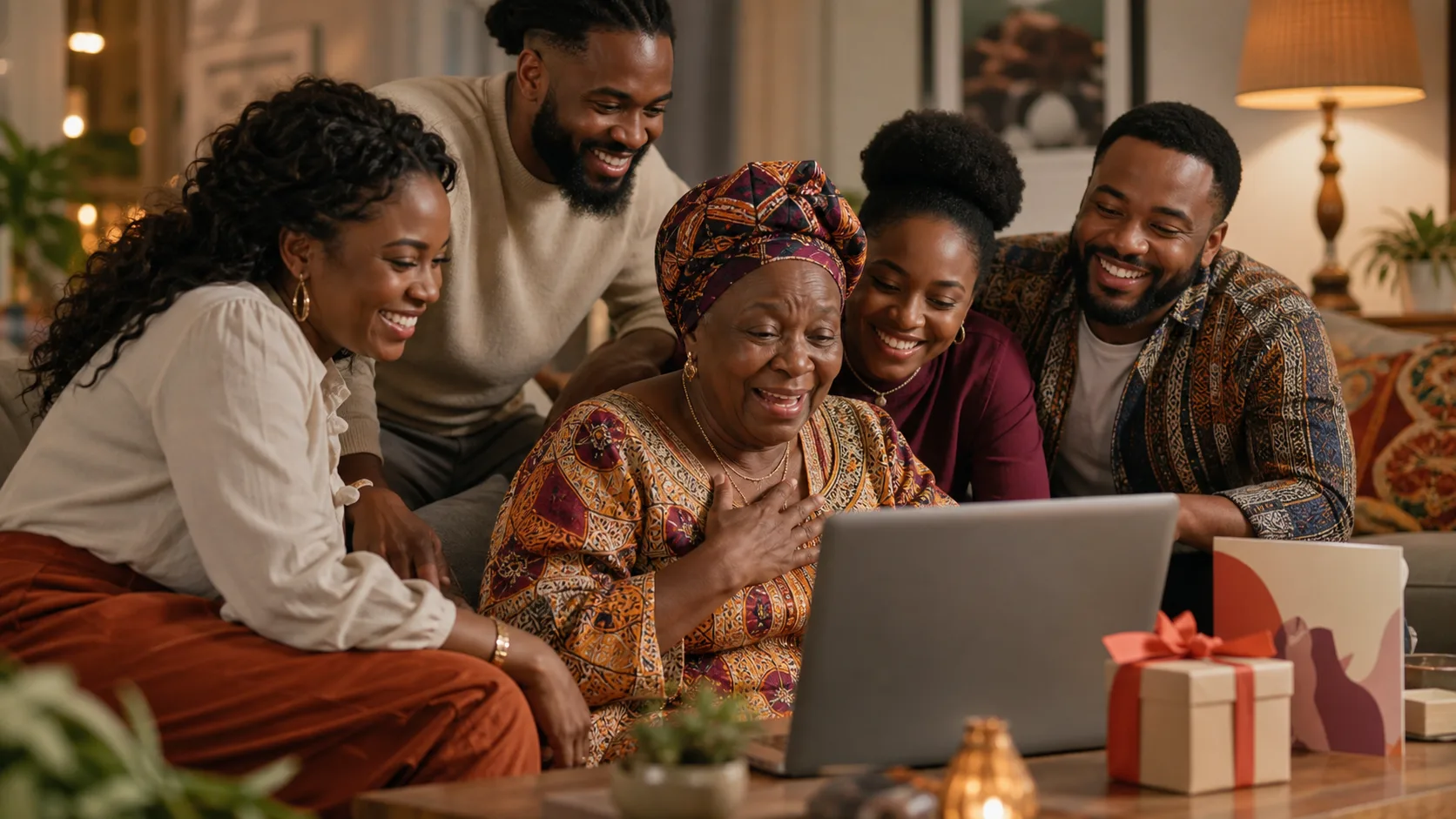 Une famille en appel vidéo, réunie malgré la distance pour célébrer